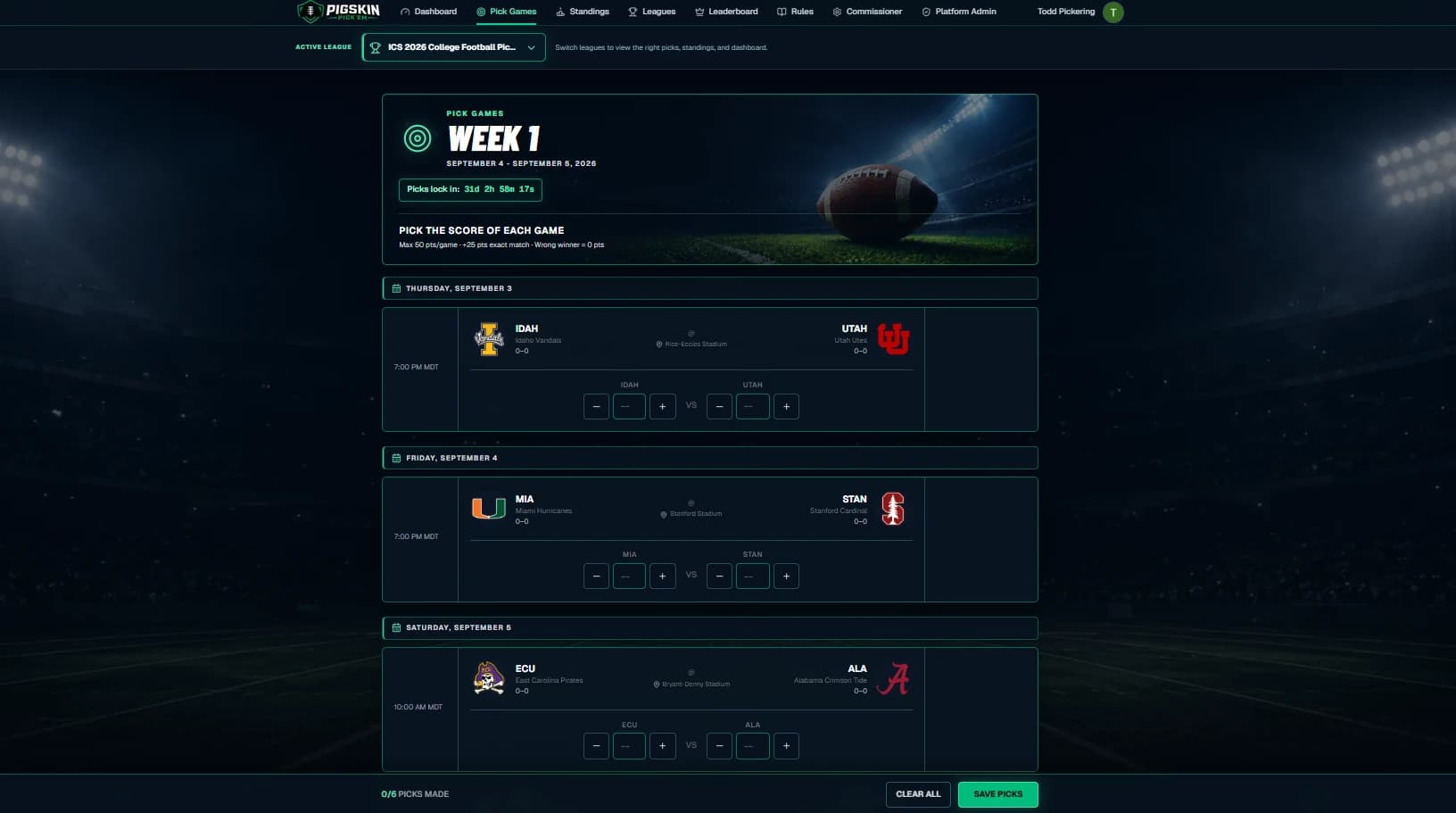 Pick Games screen showing a Week 1 slate grouped by day with score entry for each matchup