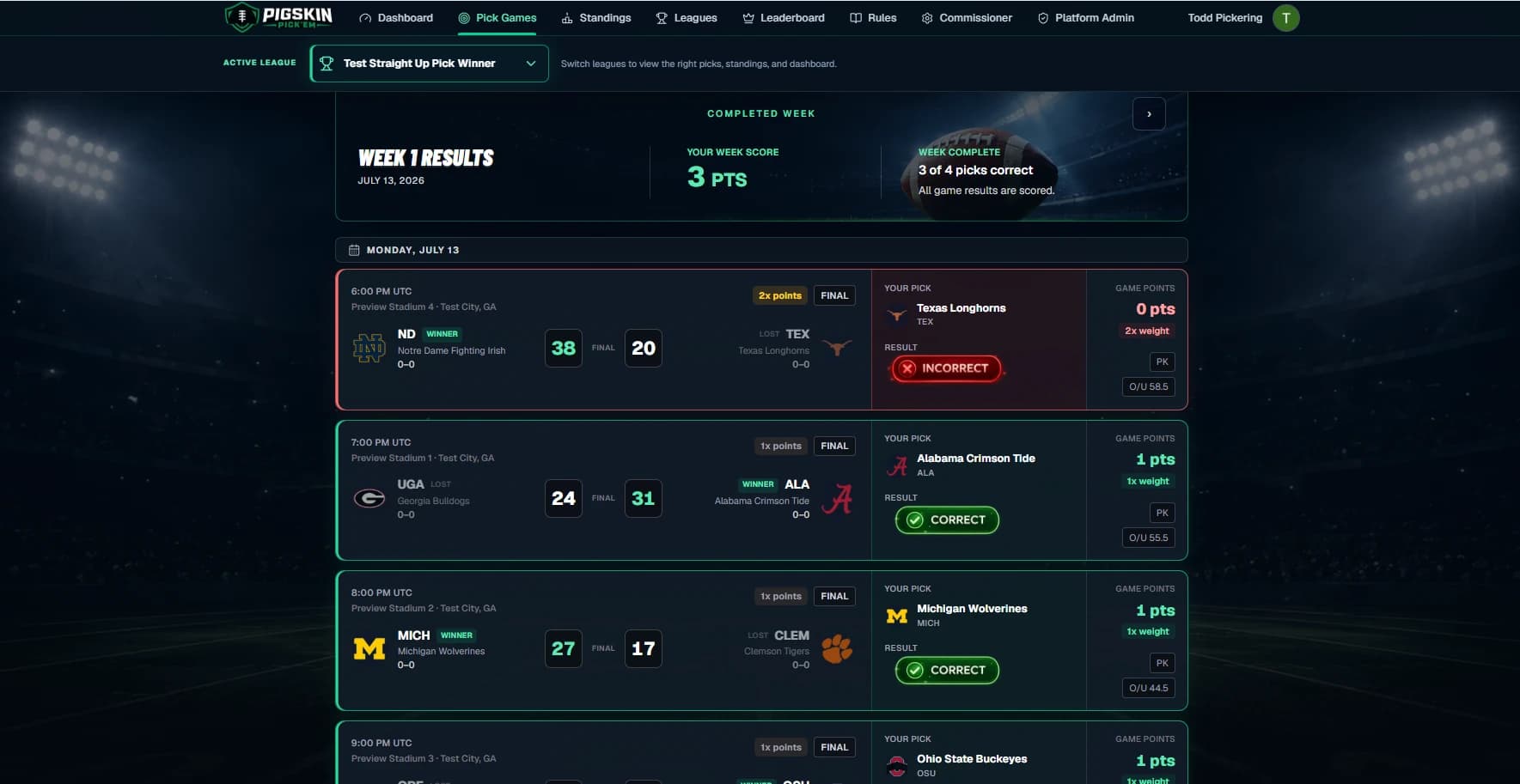 Week results showing final scores with correct, incorrect, and points earned for each pick